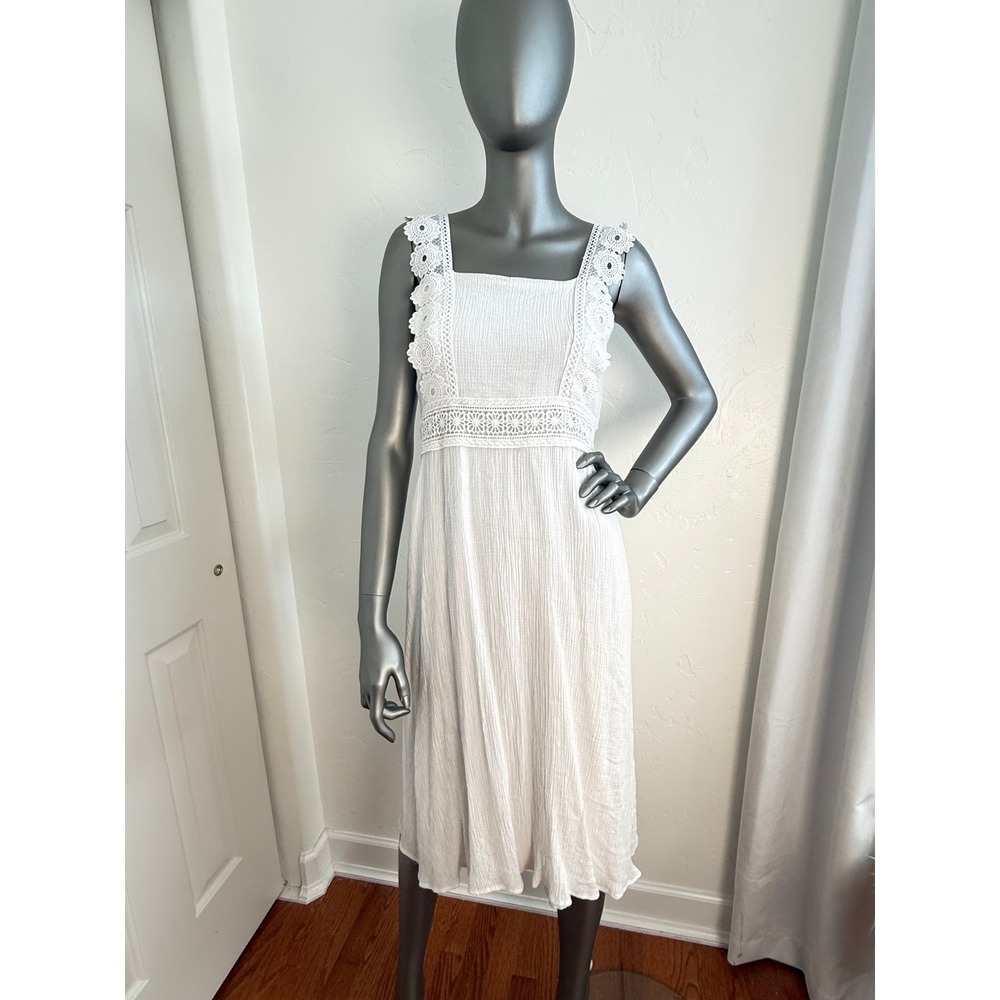 Angie White Lace‎ Trim Square Neck Sleeveless Bohemian Gauze Midi Sundress Dress